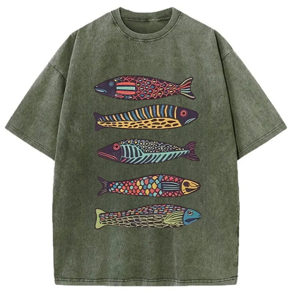 Tokyocanvas Colourful Schools Of Fish Washed T-Shirt