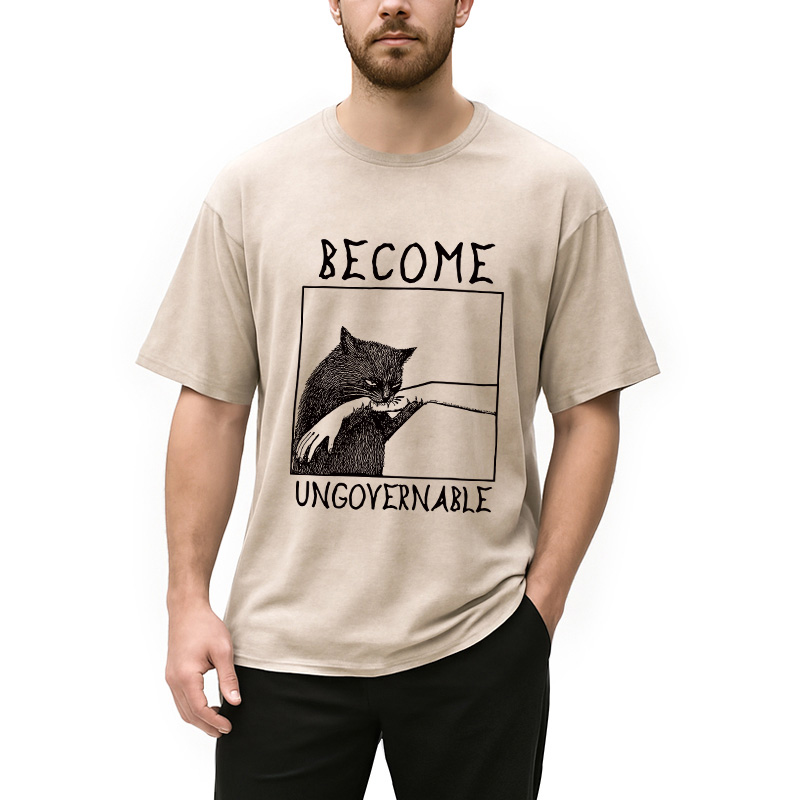 Tokyocanvas Cat Biting Arm Washed T-Shirt