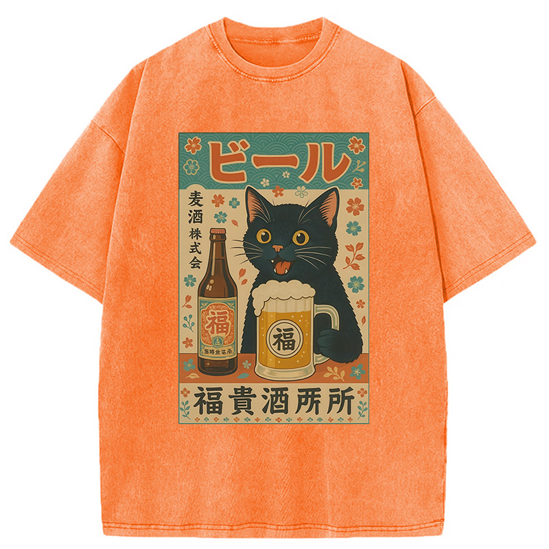 Tokyocanvas Japanese Black Cat Beer Washed T-Shirt