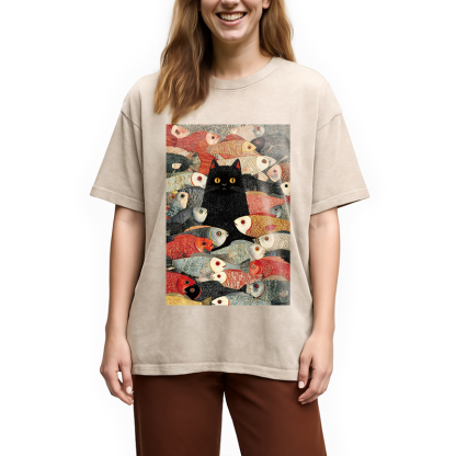 Tokyocanvas Black Cat Koi Fish Washed T-Shirt
