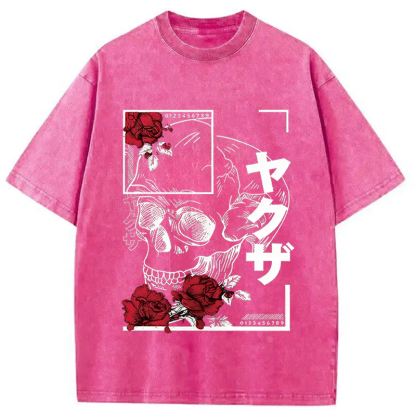 Tokyocanvas Skull Red Roses Washed T-Shirt