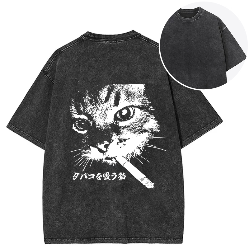 Tokyocanvas Retro Cat Smoking Back Washed T-Shirt