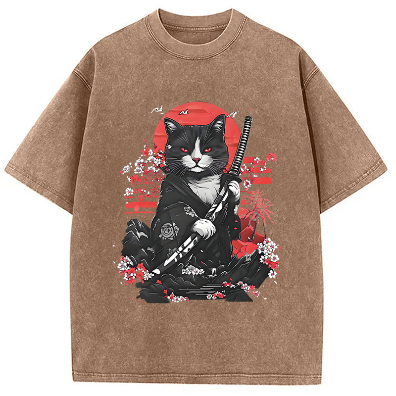 Tokyocanvas Samurai Cat Washed T-Shirt