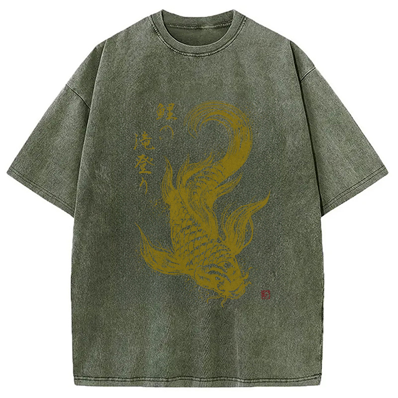 Tokyocanvas Koi Carp Japanese Calligraphy Washed T-Shirt