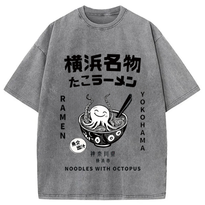 Tokyocanvas Japanese Kanji Art Octopus Ramen Washed T-Shirt