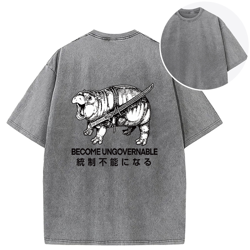 Tokyocanvas Moo Deng Carrying A Samurai Sword Back Washed T-Shirt