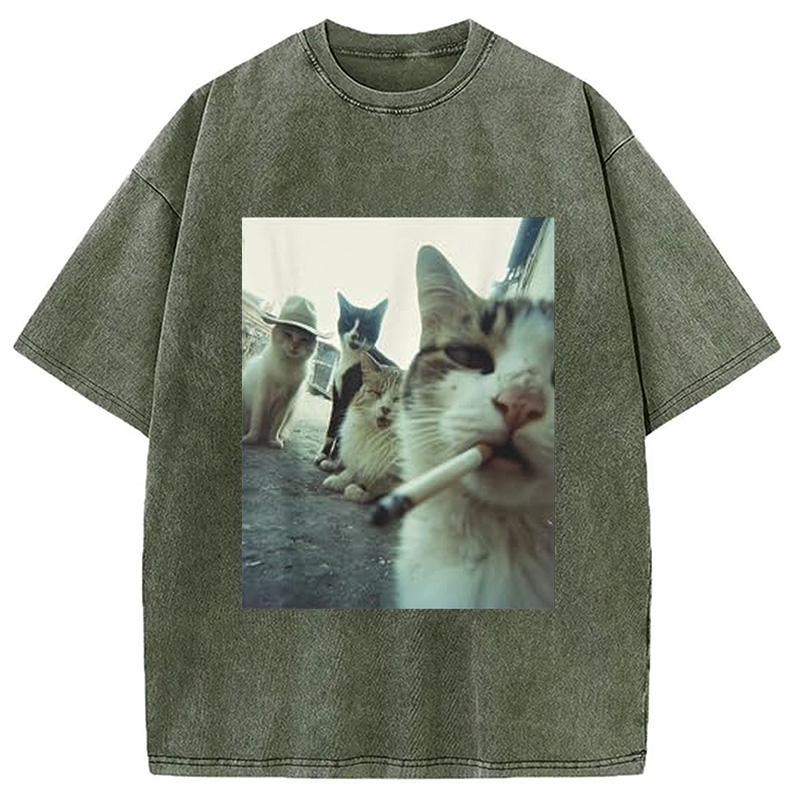 Tokyocanvas Smoking Cat Meme Funny Washed T-Shirt
