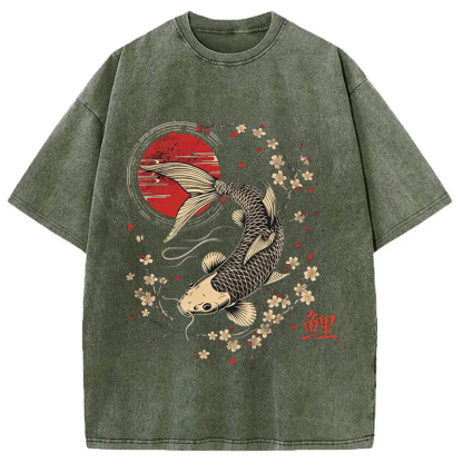 Tokyocanvas Kersenbloesem Koi Karper Washed T-Shirt