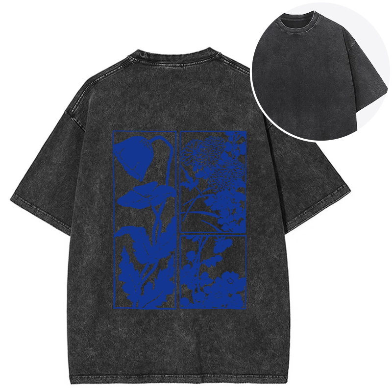 Tokyocanvas Woodcut Flowers Back Washed T-Shirt