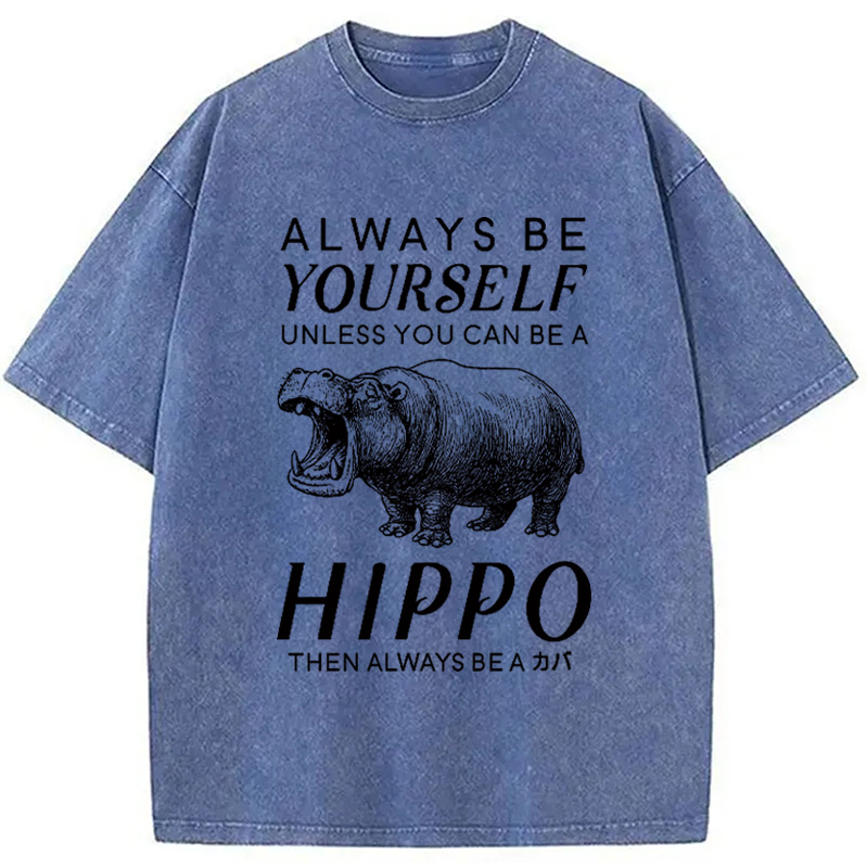 Tokyocanvas Funny Hippopotamu Washed T-Shirt