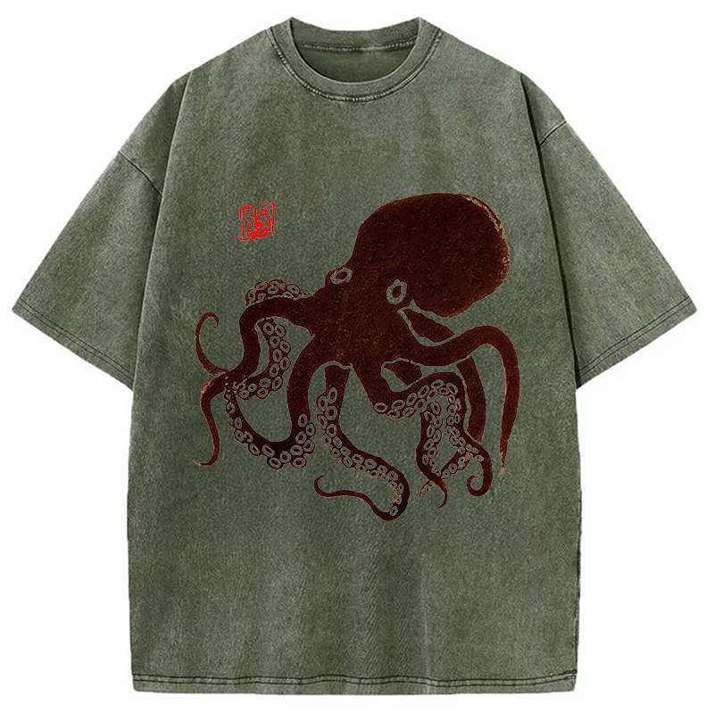 Tokyocanvas Octopus Japanese Art Washed T-Shirt