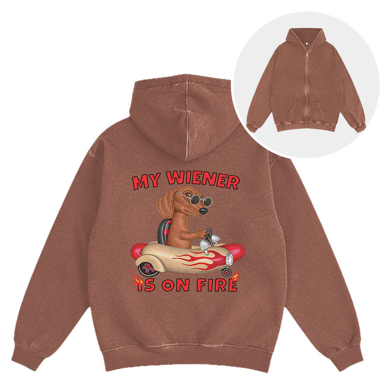 Tokyocanvas My Wiener Is On Fire Funny Dog Washed Zip Hoodie