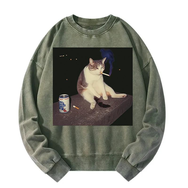 Tokyocanvas Cigarette Kitten Funny Smoking Cat Meme Washed Sweatshirt