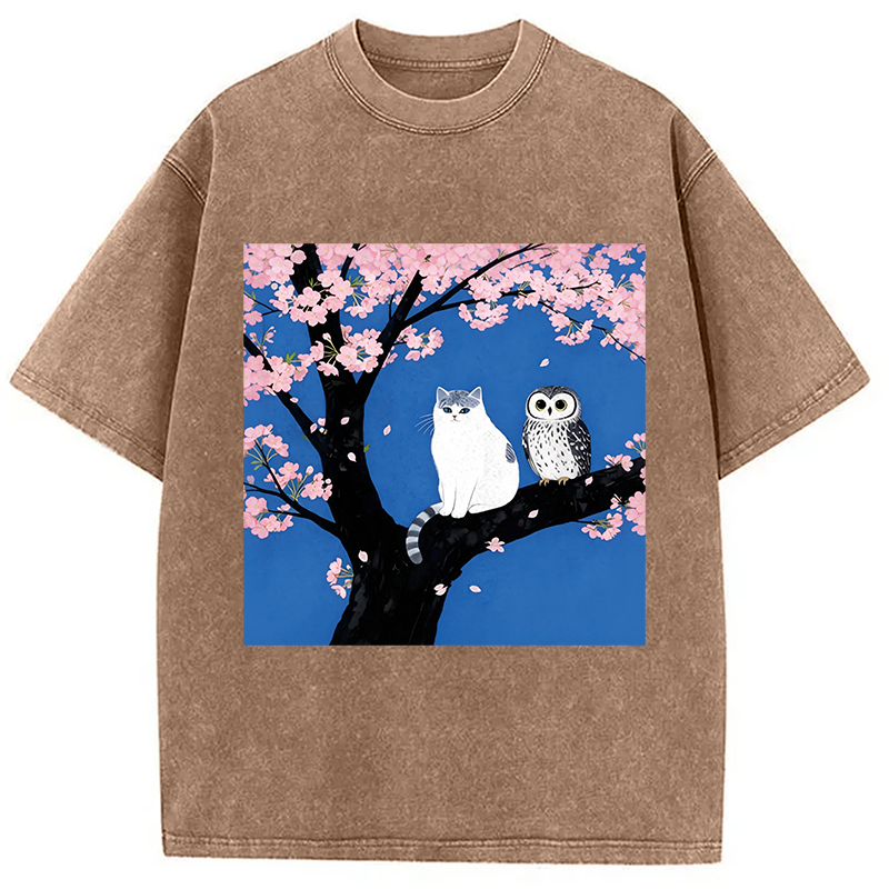 Tokyocanvas Cat And Owl Under Sakura Washed T-Shirt