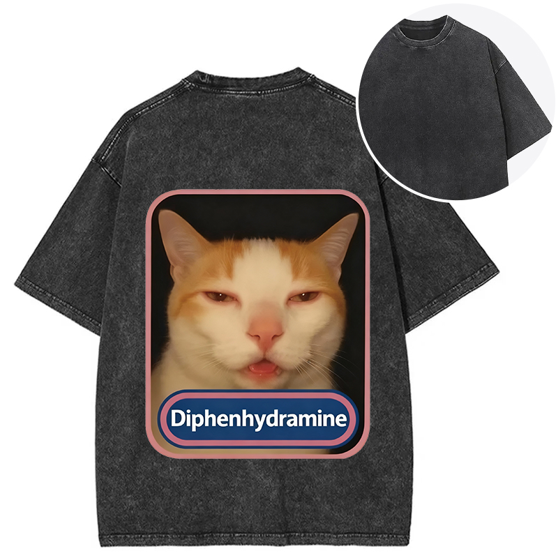 Tokyocanvas Pink Diphenhydramine Meme Cat Back Washed T-Shirt