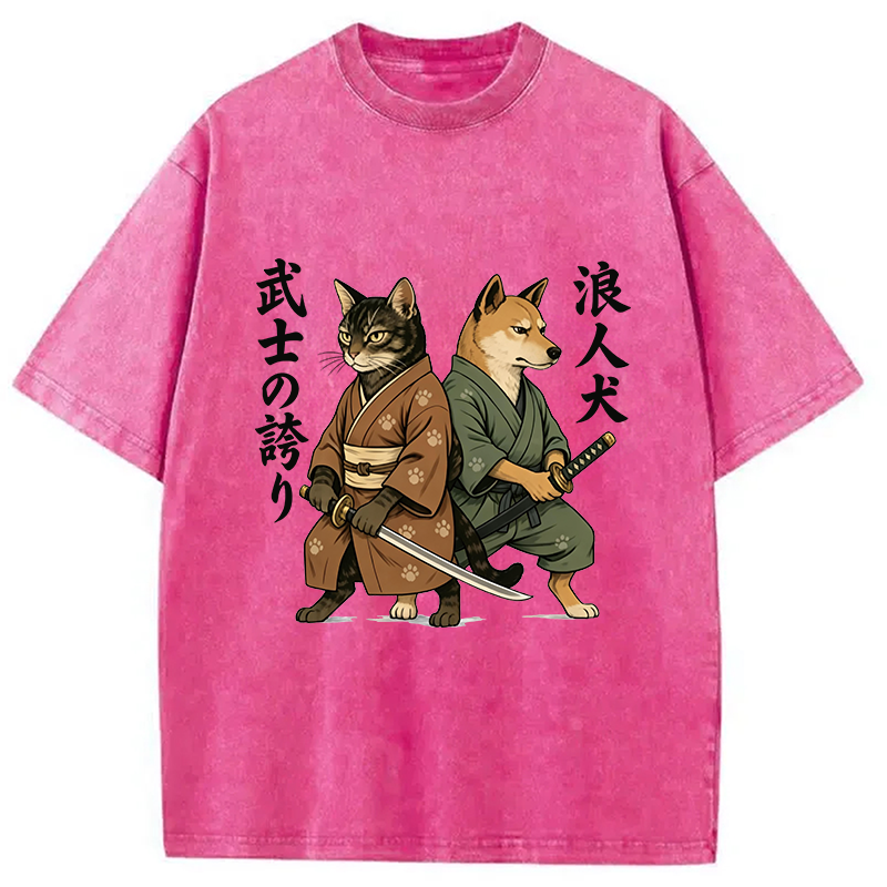 Tokyocanvas Samurai Cat vs Ronin Dog Washed T-Shirt