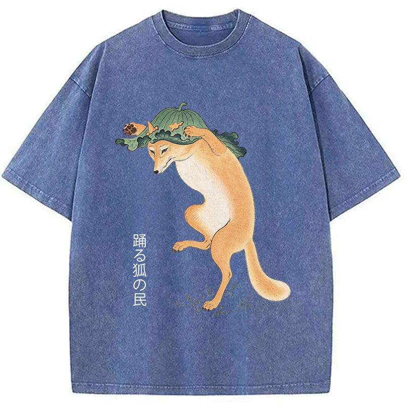 Tokyocanvas Dancing Fox Folk Woodblock Art Washed T-Shirt