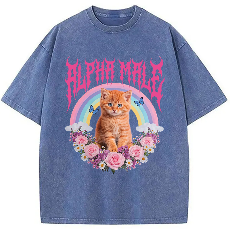 Tokyocanvas Alpha Male Funny Kitten Washed T-Shirt