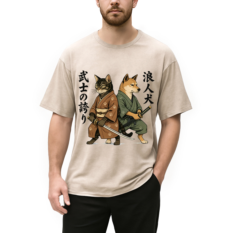 Tokyocanvas Samurai Cat vs Ronin Dog Washed T-Shirt