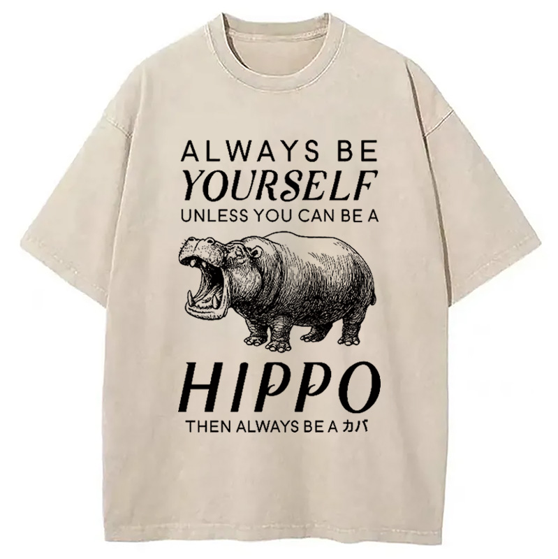 Tokyocanvas Funny Hippopotamu Washed T-Shirt