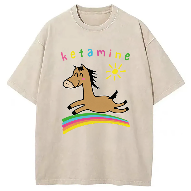Tokyocanvas Funny Ketamine Cute Trippy Horse Washed T-Shirt