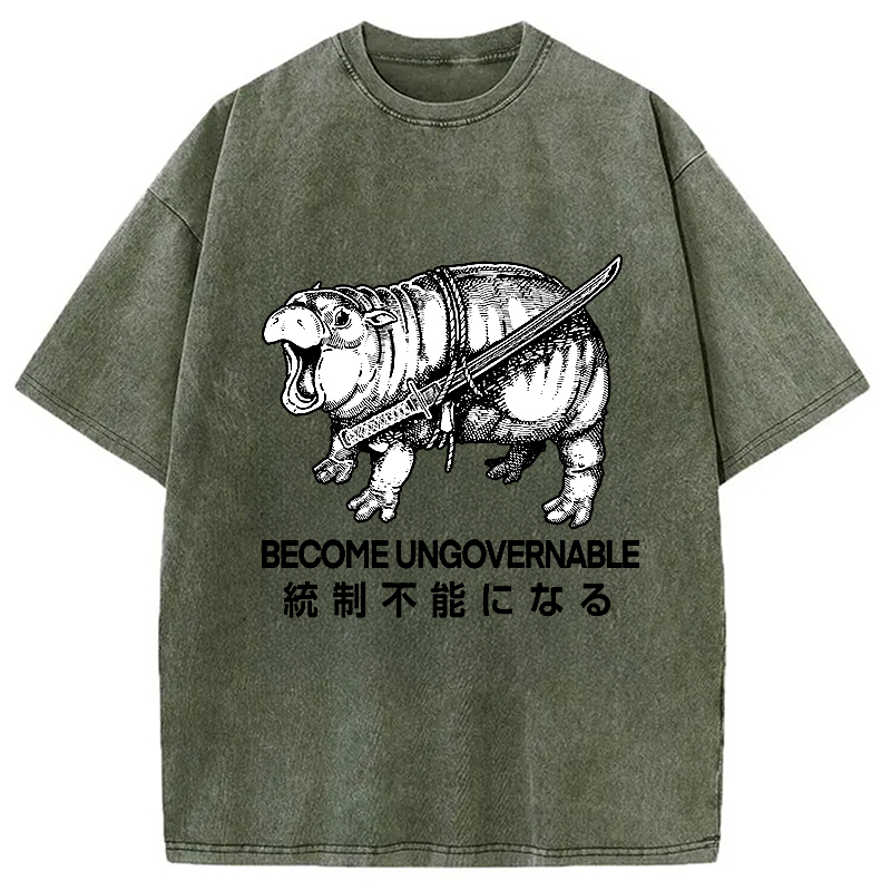 Tokyocanvas Moo Deng Carrying A Samurai Sword Washed T-Shirt