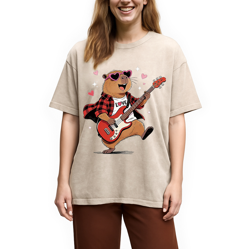 Tokyocanvas Cute Bear Guitar Valentine Washed T-Shirt