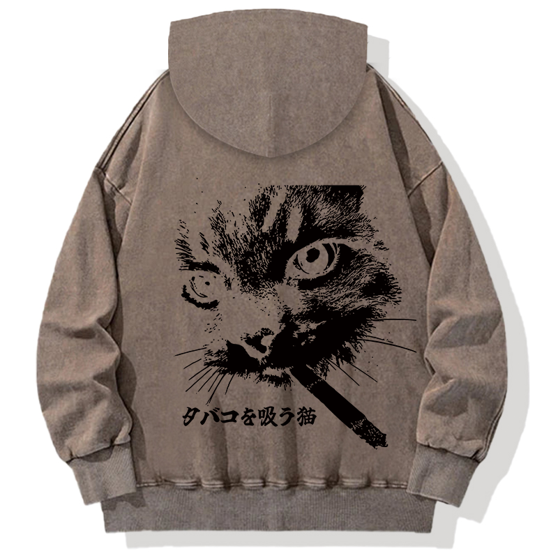 Tokyocanvas Retro Cat Smoking Back Washed Hoodie