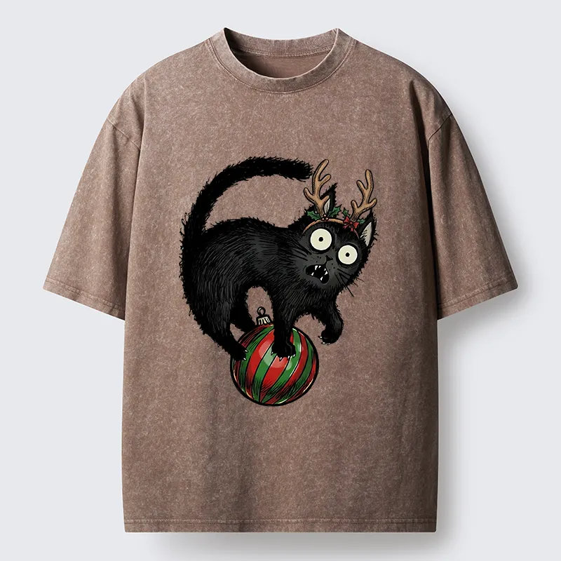 Tokyocanvas Black Cat Playing With Christmas Bauble Washed T-Shirt