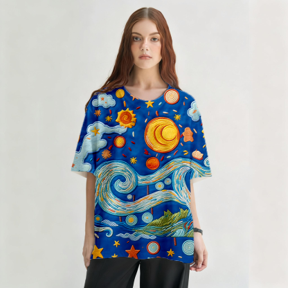 Tokyocanvas Cartoon Starry Night Graphic Print T-shirt