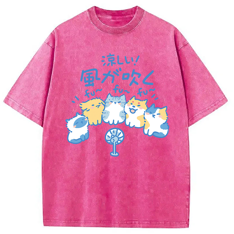 Tokyocanvas Cooling From The Heat Funny Dog And Cat Washed T-Shirt