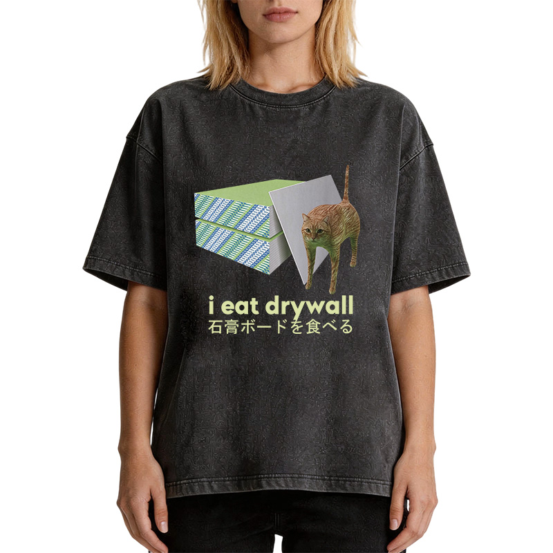 Tokyocanvas Eat Drywall Cat Meme Washed T-Shirt