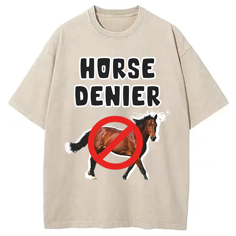 Tokyocanvas Horse Denier Funny Meme Washed T-Shirt