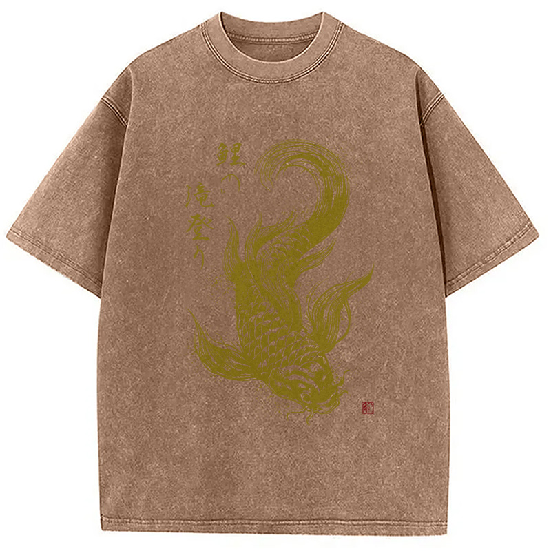 Tokyocanvas Koi Carp Japanese Calligraphy Washed T-Shirt