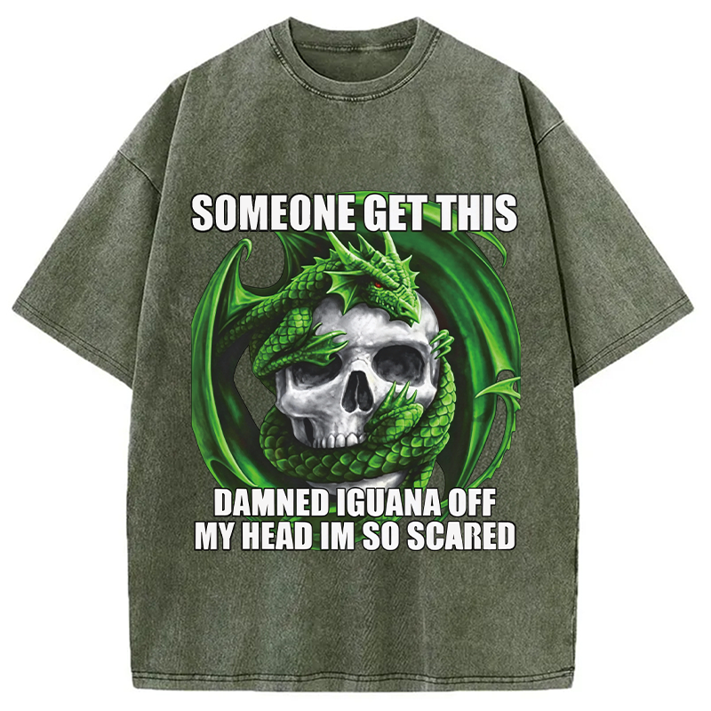 Tokyocanvas	 Someone Get This Damned Iguana Off My Head Im So Scared DTG Printing Washed T-Shirt