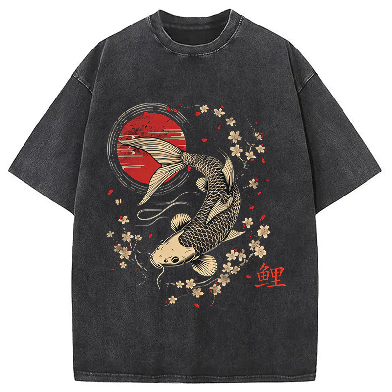 Tokyocanvas Kersenbloesem Koi Karper Washed T-Shirt