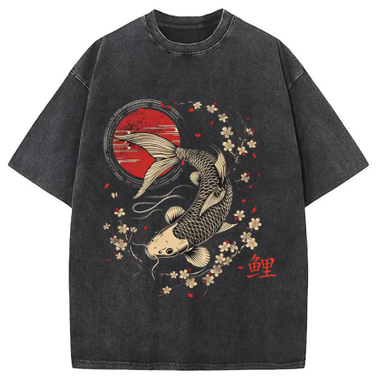 Tokyocanvas Kersenbloesem Koi Karper Washed T-Shirt