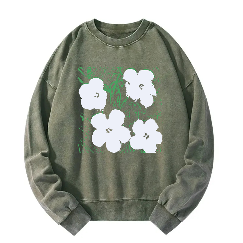 Tokyocanvas Green Grass White Flowers Washed Sweatshirt