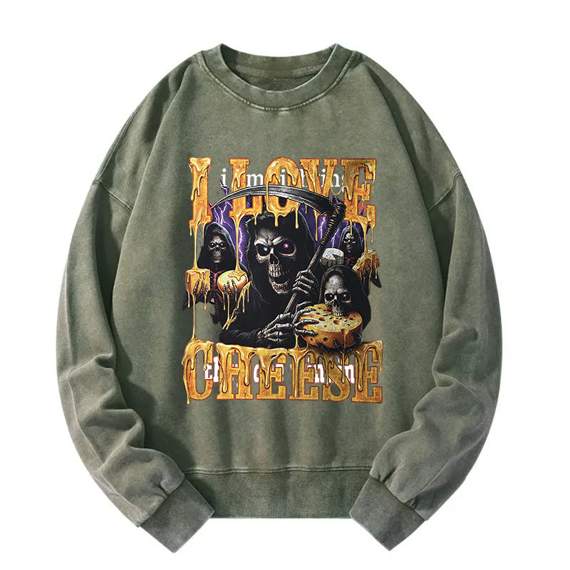 Tokyocanvas Skeleton Cheese Funny Gothic Meme Washed Sweatshirt
