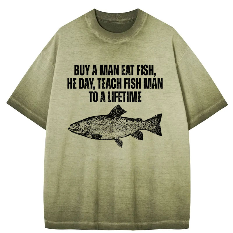 Tokyocanvas Buy a Man Eat Fish Funny Meme Gradient Washed T-Shirt