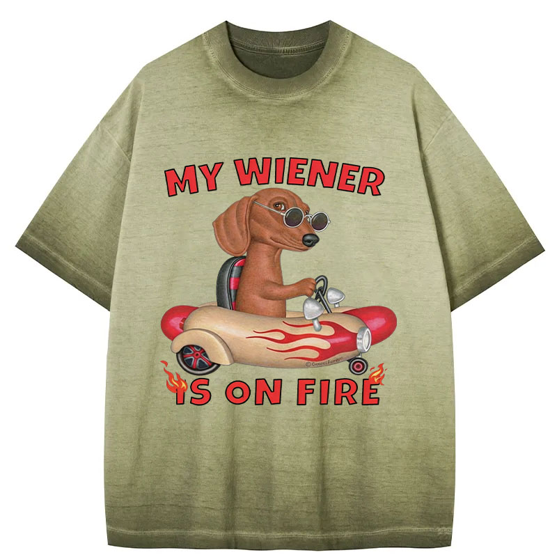 Tokyocanvas My Wiener Is On Fire Funny Dog Gradient Washed T-Shirt
