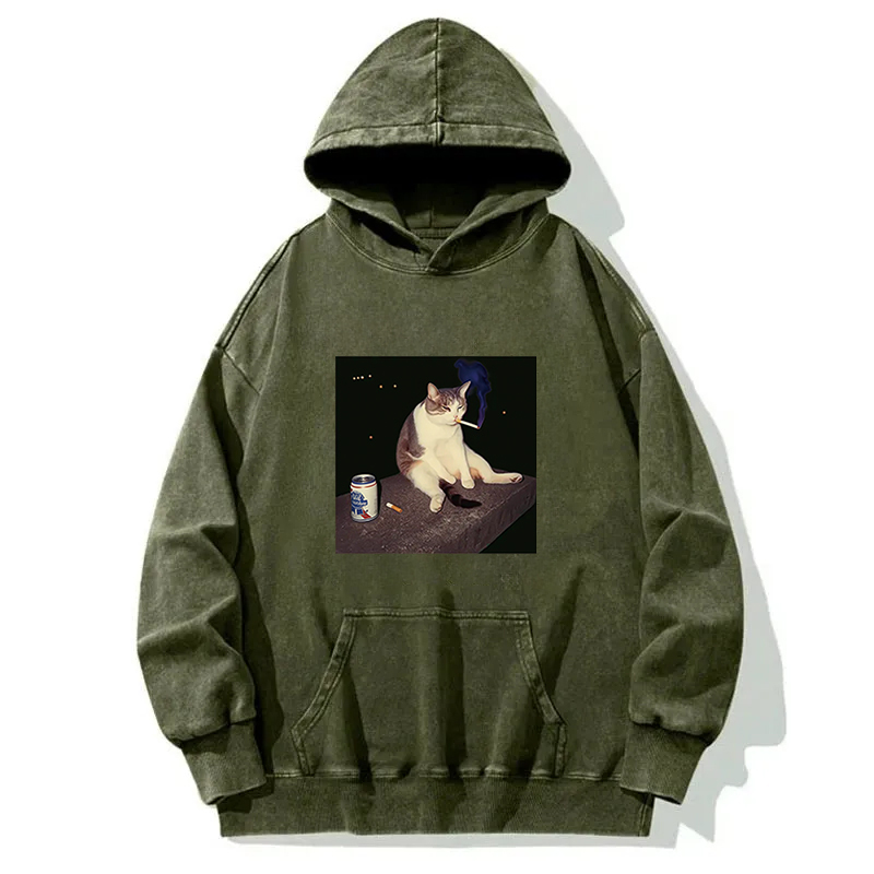 Tokyocanvas Cigarette Kitten Funny Smoking Cat Meme Washed Hoodie