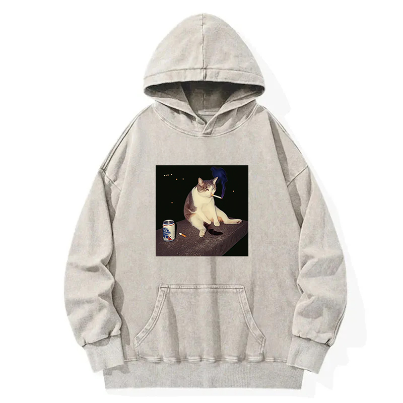 Tokyocanvas Cigarette Kitten Funny Smoking Cat Meme Washed Hoodie