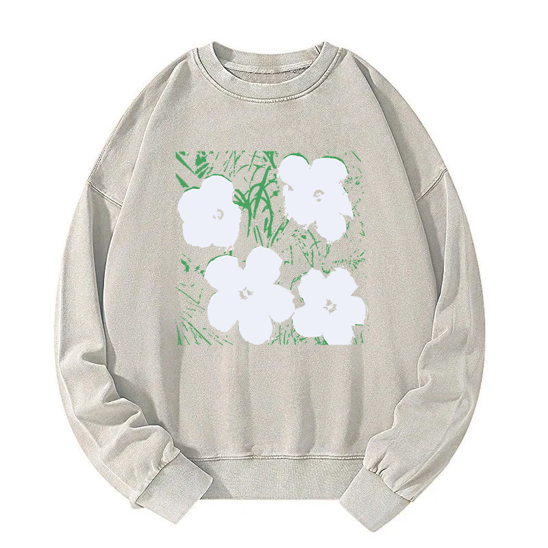 Tokyocanvas Green Grass White Flowers Washed Sweatshirt