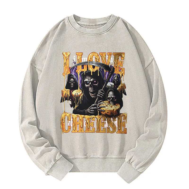 Tokyocanvas Skeleton Cheese Funny Gothic Meme Washed Sweatshirt