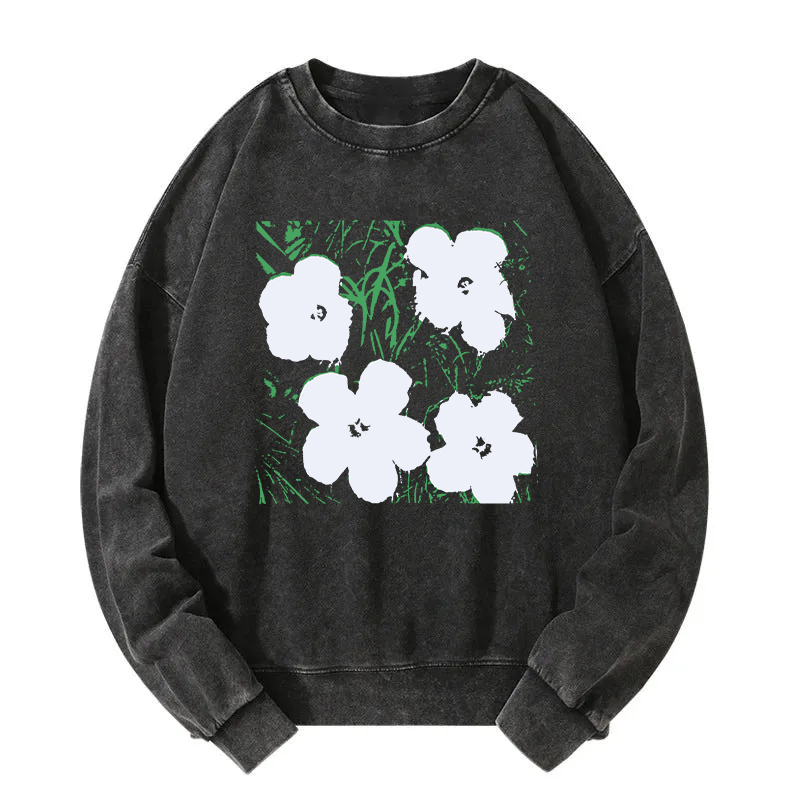 Tokyocanvas Green Grass White Flowers Washed Sweatshirt