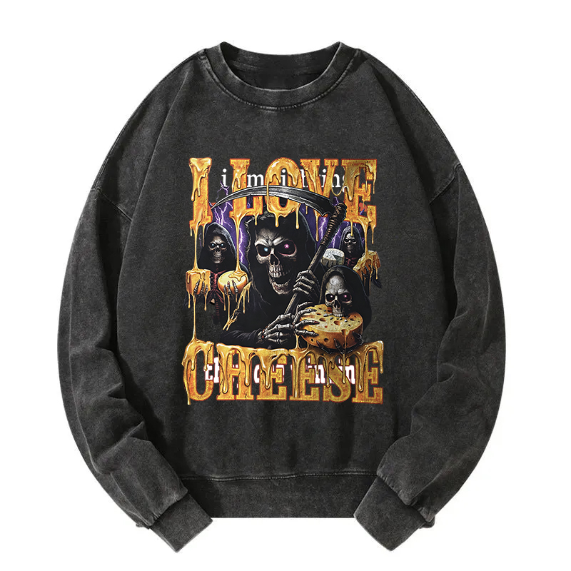 Tokyocanvas Skeleton Cheese Funny Gothic Meme Washed Sweatshirt