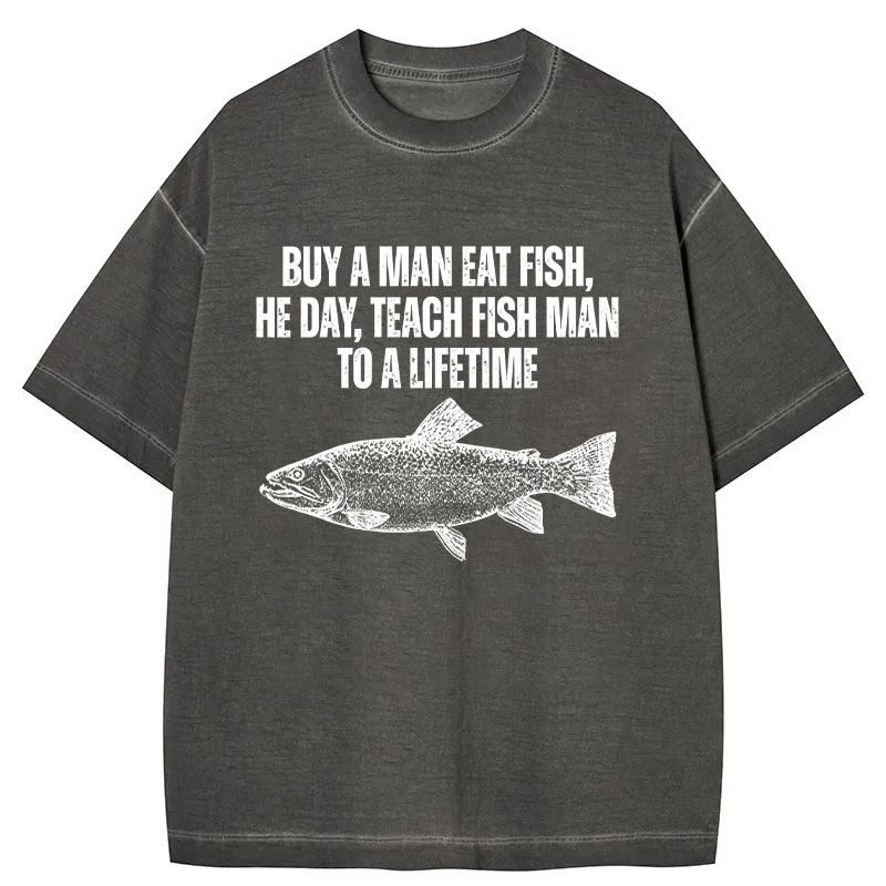 Tokyocanvas Buy a Man Eat Fish Funny Meme Gradient Washed T-Shirt
