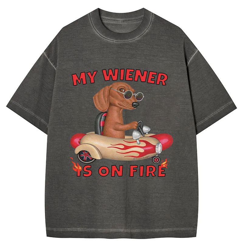 Tokyocanvas My Wiener Is On Fire Funny Dog Gradient Washed T-Shirt
