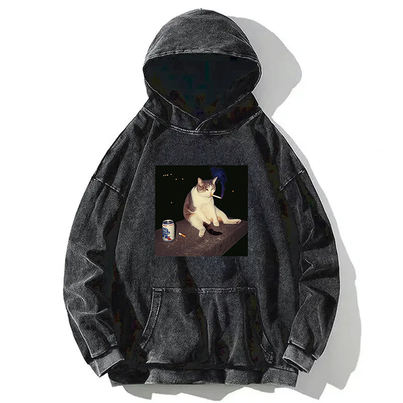 Tokyocanvas Cigarette Kitten Funny Smoking Cat Meme Washed Hoodie